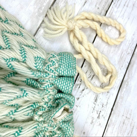 VINTAGE Mint Green Ivory Cream Woven Textile Purse Pull String Wristlet Sack Bag - Picture 5 of 5